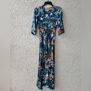 Jaase Mia Maxi Dress In Miak Print Smocked Waist 3/4 Sleeve Blue Size Small
